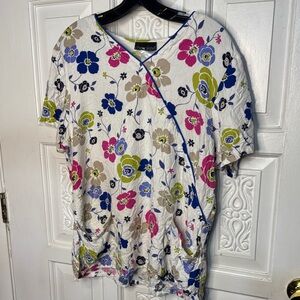 Cherokee Floral  - Blue, Pink, Green Scrub Top Size Large